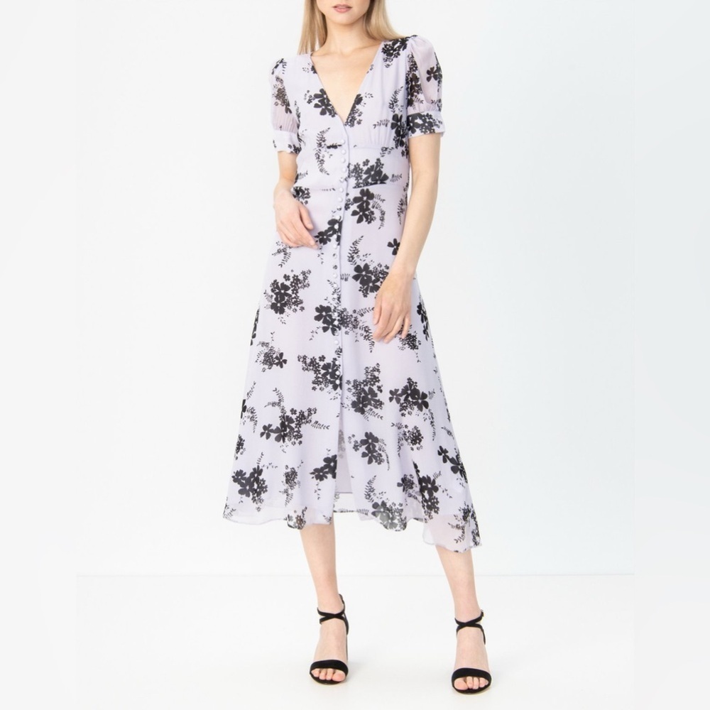Michael Kors lilac floral semi sheer flowy feminine short sleeve midi dress Med
